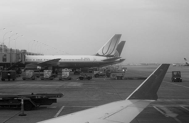 O'Hare Chicago International Airport Chicago, United States - February 1, 2012: Two airplanes at the gates, one from United Airlines (Boeing 757-222 N567UA) and the other one from Continental Airlines surrounded by airplane cargo piles containers at dusk, shoot from the window of another plane arriving to the gate. The O'Hare Chicago International Airport is the second busiest airport in the United States and number 4th in the world. ca04 stock pictures, royalty-free photos & images