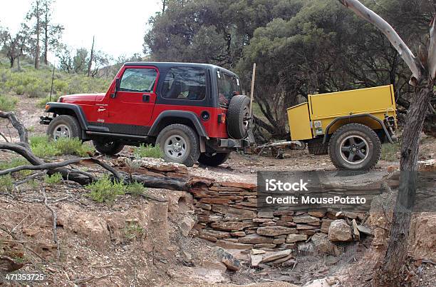 Red Jeep Pulling Yellow Offroad Trailer Through Flinders Ranges Stock Photo - Download Image Now