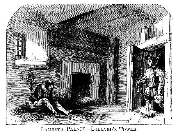 Lambeth Palace - Lollards' Tower (1871 engraving) A prisoner shackled inside a cell in the Lollards' Tower at Lambeth Palace, London. The Tower was built c1434  and contains an area in which Lollards were imprisoned - the Lollards were a type of fanatical early Protestant Reformers who followed the teachings of John Wycliffe and who were therefore extremely unpopular with the Catholic Church. Engraving from "Collins' Illustrated Guide to London and Neighbourhood", price one shilling; published by William Collins, Sons & Company, London, in 1871. medieval torture drawings stock illustrations
