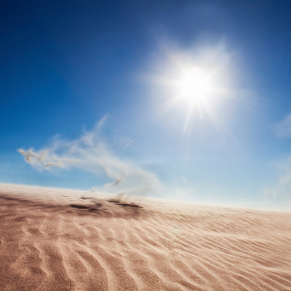 Sand Dunes with sun and blue sky in the background.