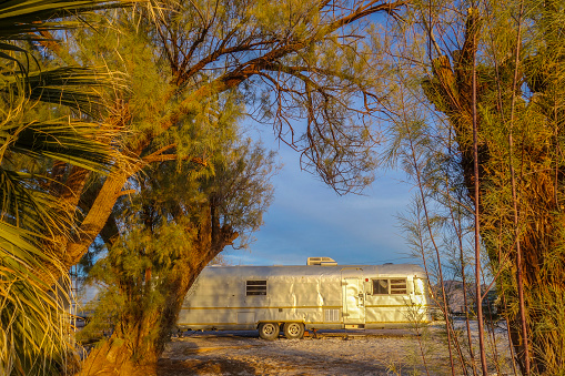Retro trailer in the Mojave Desert.
