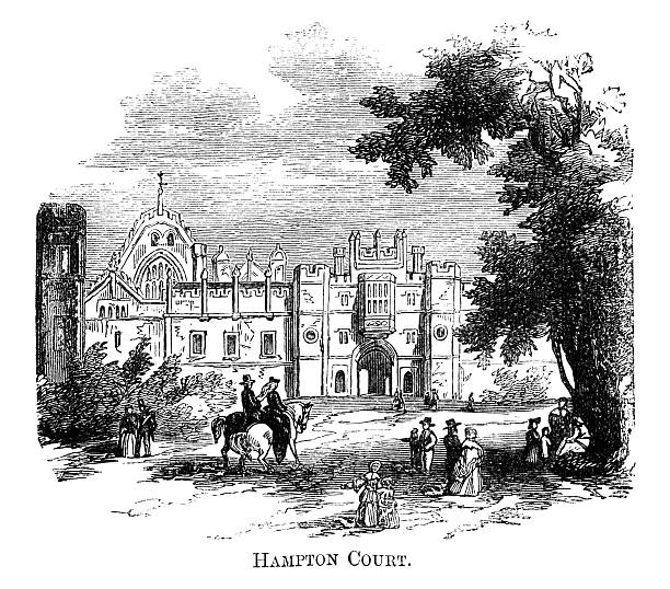 Hampton Court (1871 engraving) Hampton Court, in Surrey and now in Greater London, is one of the most famous royal palaces. It was built by Cardinal Wolsey c1514 but when he realised that his influence with King Henry VIII was waning, he handed it over to the king, who enlarged and improved it. Over the following centuries much more work was done on the palace by various monarchs. Engraving from "Collins' Illustrated Guide to London and Neighbourhood", price one shilling; published by William Collins, Sons & Company, London, in 1871. hampton court palace stock illustrations