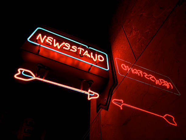 istock Neon News Stand Sign from Below with Arrow and Reflection 471355017