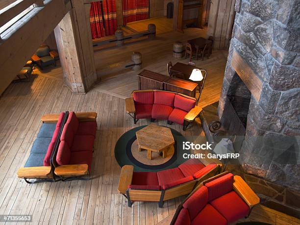 Timberline Lodge With Interior Chairs By Fireplace Mount Hood Oregon Stock Photo - Download Image Now