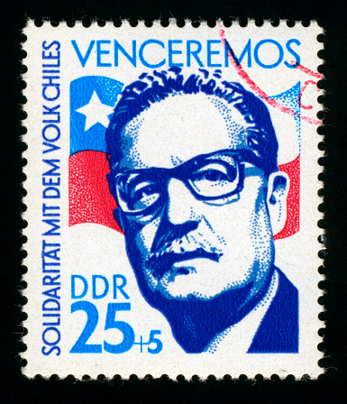 Salvaror Allende 1908-1973, President of Chile 1970-1973, with his presidential campaign slogan, \