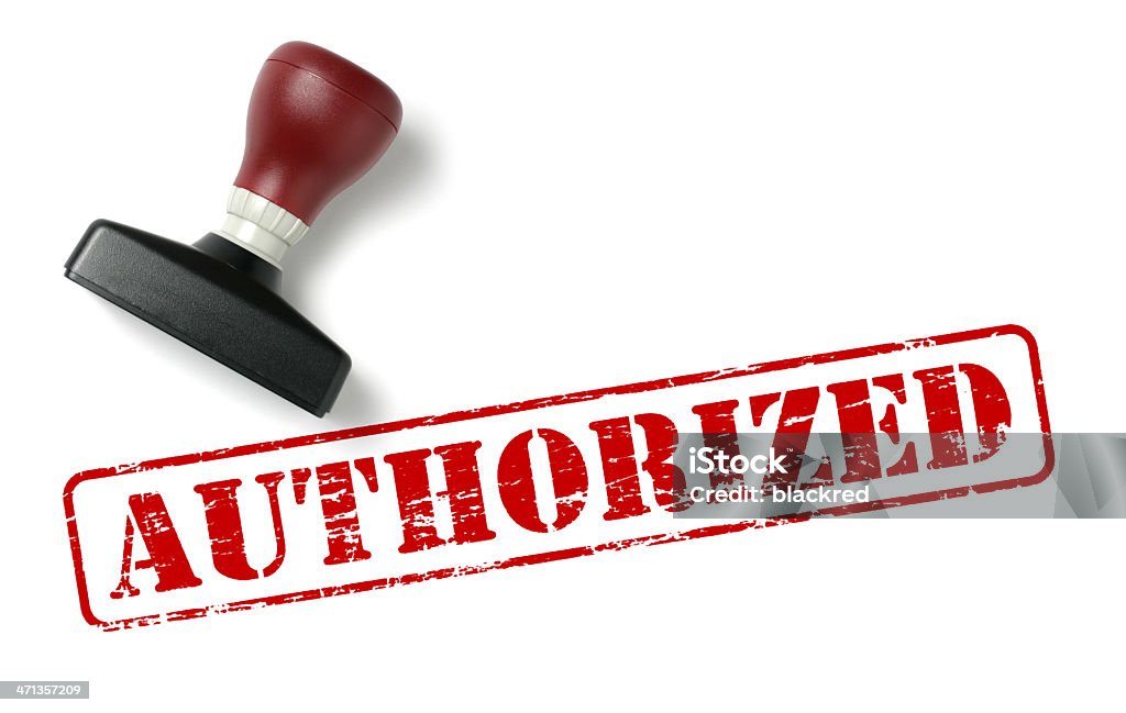 Authorized Rubber Stamp Word "AUTHORIZED" stamp on white with a rubber stamp on the side. Permission - Concept Stock Photo