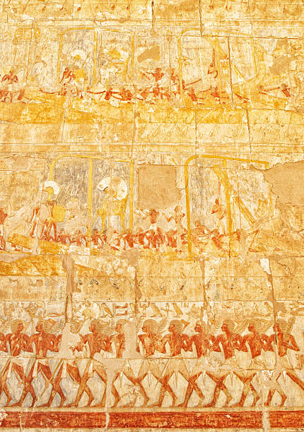 hatshepsut de negociação expedition para a terra de bote de fundo chato - ancient egyptian culture egyptian culture sailing ship ancient imagens e fotografias de stock