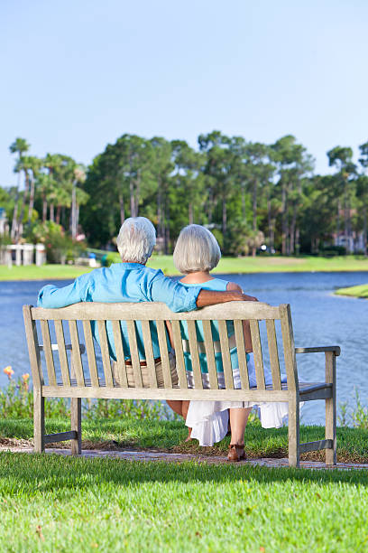 istock Rear View Senior Couple Sitting On Park Bench 471358653