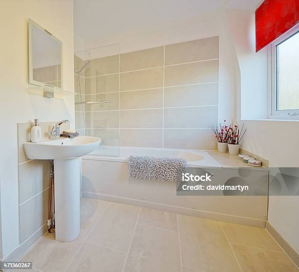 Modern Bathroom Decorated In White Beige And Red Stock Photo - Download Image Now - Architectural Feature, Bathroom, Bathtub