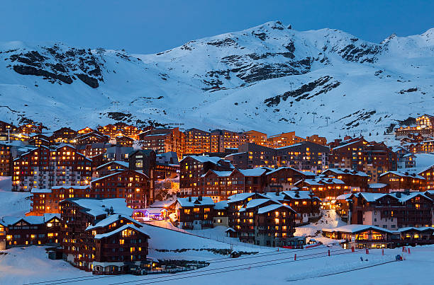 Val Thorens by night Panorama of Val Thorens by night, Alps mountains, France savoie photos stock pictures, royalty-free photos & images