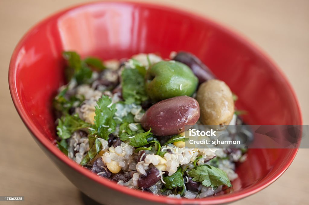 Red Asian Rice Bowl, Grains and Greens, Olives 1 Antioxidant Stock Photo