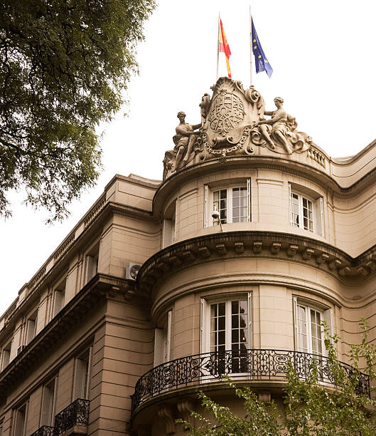 Buenos Aires, Argentina - March 14, 2020: Low angle view capturing a striking white historical palace adorned with the Argentinian flag, fluttering against a backdrop of cloudy skies in Buenos Aires, Argentina