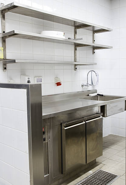 istock Professional kitchen, view counter in steel 471364014