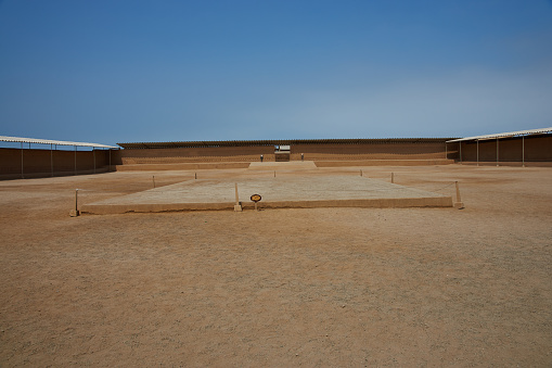 Main square within the remains of the historic city of Chan Chan near Trujillo in Peru. The city was the capital of the Chimu Kingdom which reached its apogee in the 15th Century. It is a UNESCO World Heritage Site.