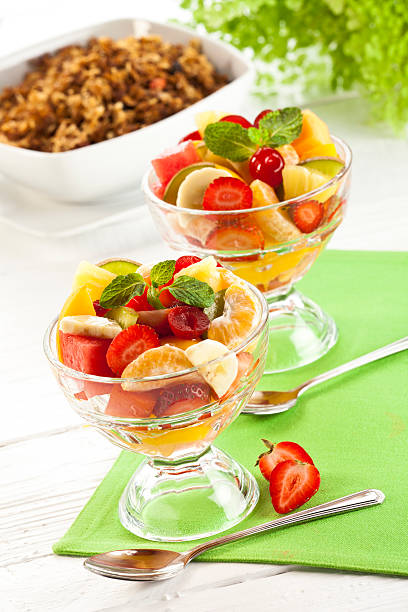 obstsalat - watermelon fruit summer portion stock-fotos und bilder