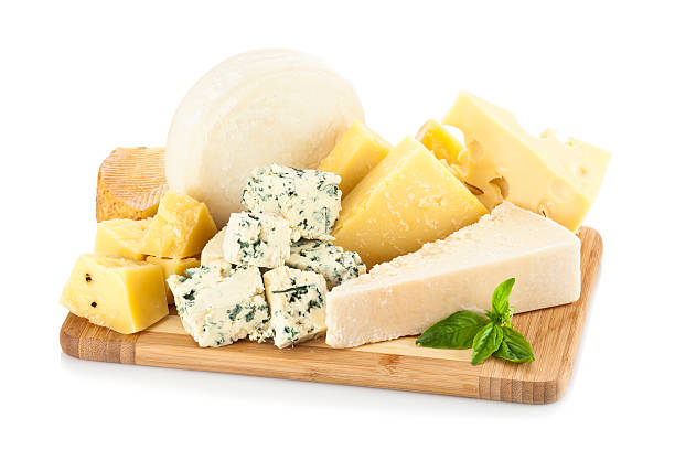 Wooden cheese board isolated on white backdrop