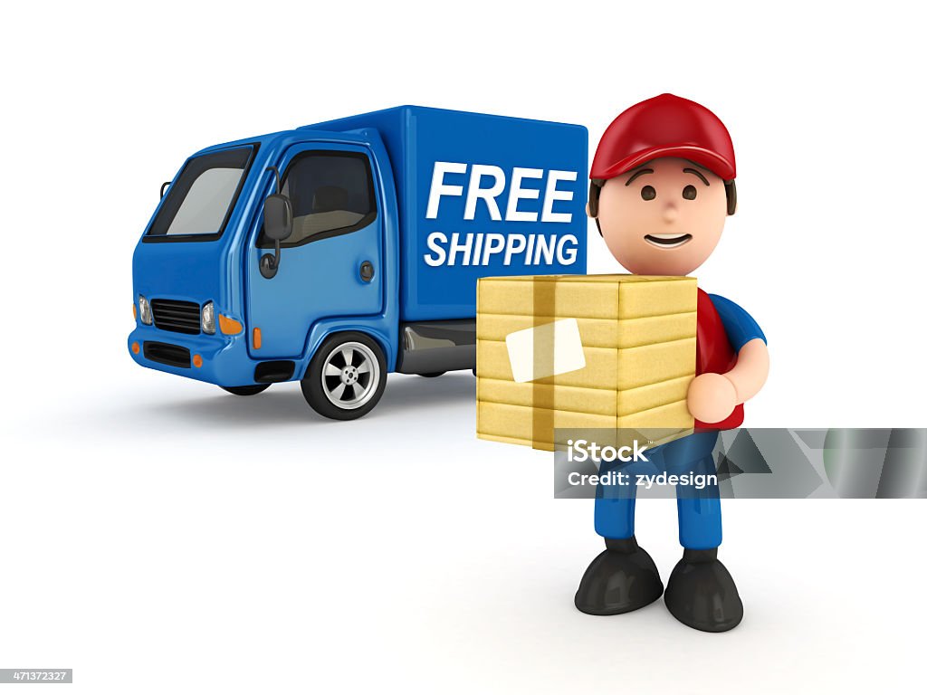 Courier Man with Truck Courier Man with "Free Shipping" Written Truck - isolated-3D Rendered Free Shipping Stock Photo