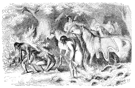 Cheyenne Native Americans tracking their enemy. Engraving by unknown artist from Ernst von Hesse-Wartegg's 