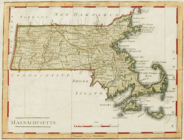 Antique Massachusetts Map This map dates from 1817, and is contains subtle differences from modern maps.  For example, Provincetown is an island, "Cape Codd" is spelled with two "d"s, and the the town of "Cohasset" is spelled "Kohafset". massachusetts map stock pictures, royalty-free photos & images
