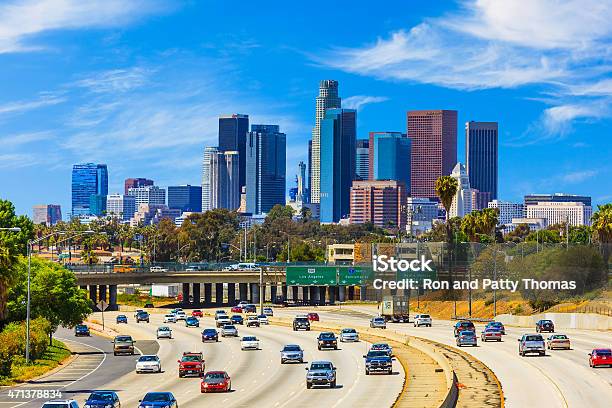 Skyline Of Los Angeles With Freeway Trafficca Stock Photo - Download Image Now - City Of Los Angeles, Los Angeles County, California