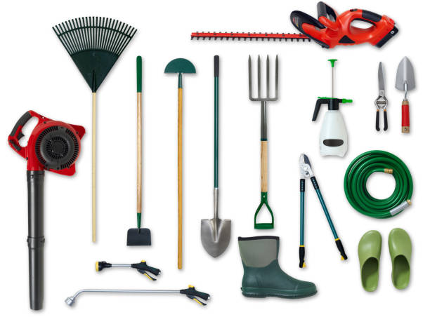 assorted garden tools isolated on white background - 耙 農業器材 個照片及圖片檔