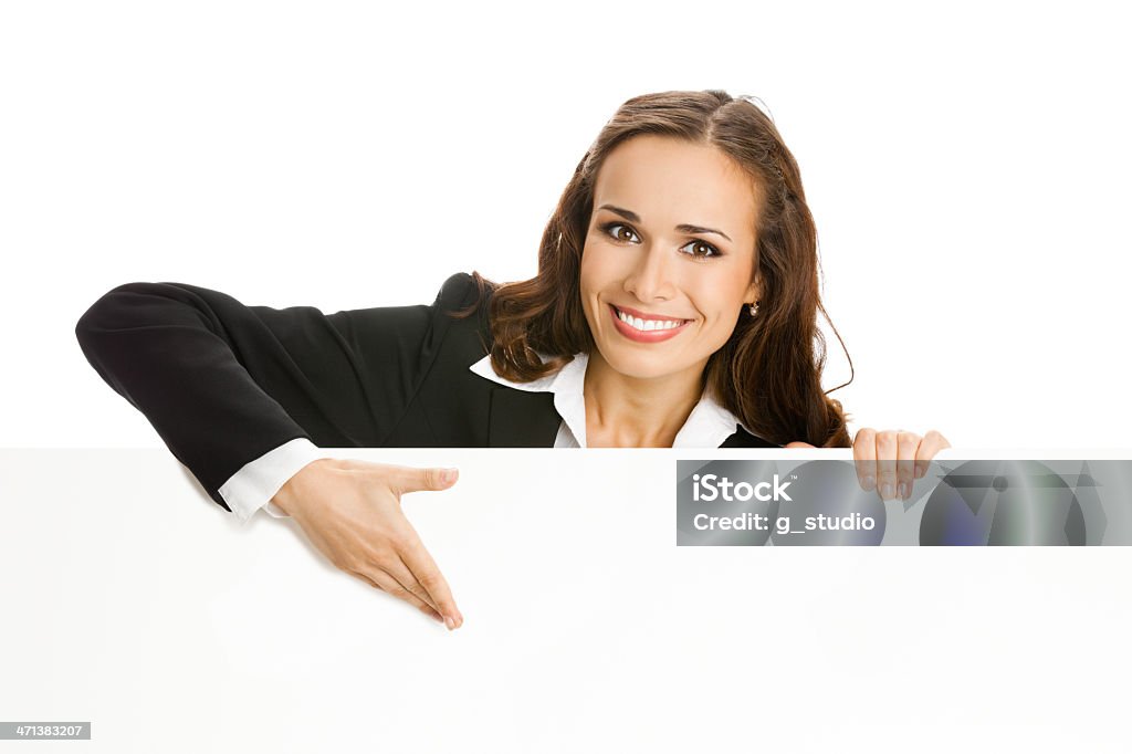 Mujer de negocios mostrando, Aislado en blanco signboard - Foto de stock de Adulto libre de derechos