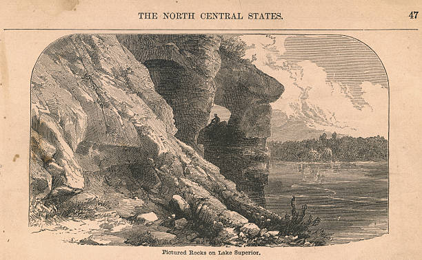 istock Old, Black and White Illustration of Rocks on Lake Superior 471385821