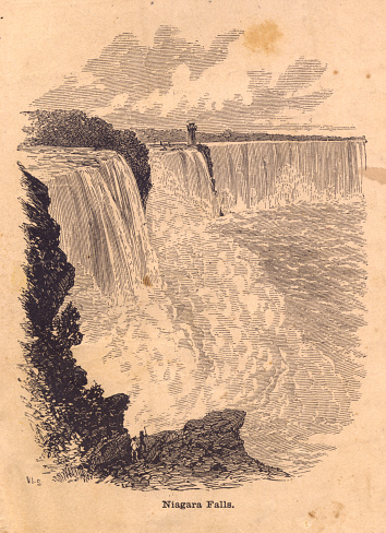 Old black and white illustration of Niagara Falls.