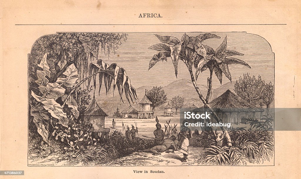 Old, Black and White Illustration of Sudan Village Old black and white illustration of a village in Sudan. Adult stock illustration