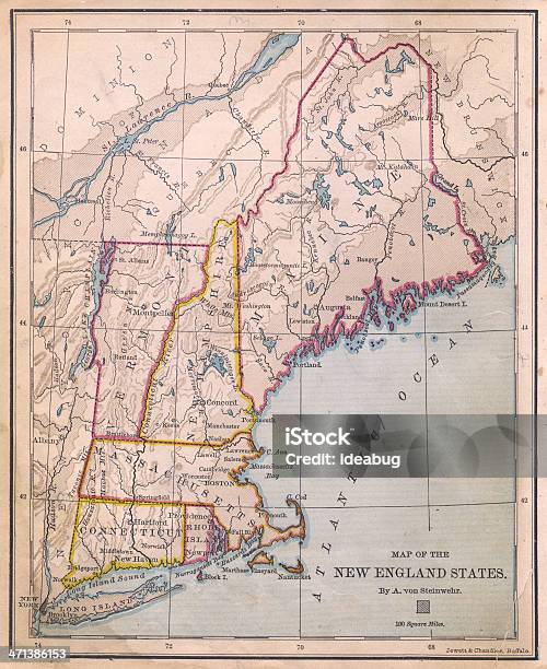 Vecchia Mappa Dei Colori Del New England Membri Dal 1870 - Fotografie stock e altre immagini di Carta geografica