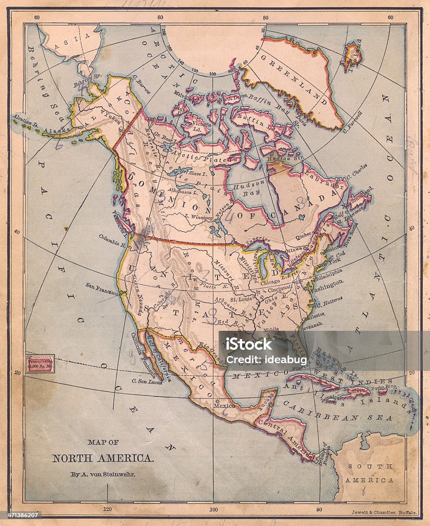 Alte Farbe Karte von Nordamerika, die aus dem Jahre 1870 - Lizenzfrei Karte - Navigationsinstrument Stock-Foto