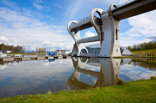 Reflection of Falkirk Wheel with green grass, Scotland UK