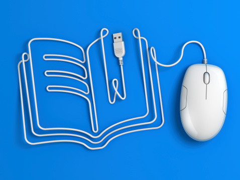 Computer mouse cable shaped as an open book with bookmark. 3d render with plain blue background.