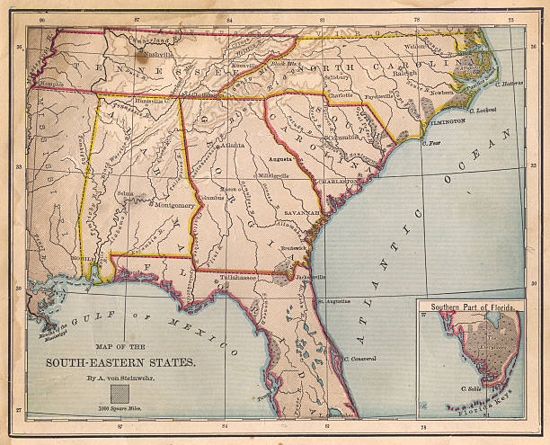 Old, Color Map of South Eastern States, From 1800's Color image of an old map of the South Eastern (United) States, from the 1800's. alabama map stock pictures, royalty-free photos & images