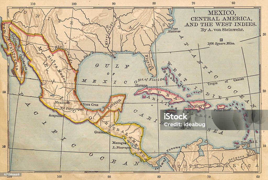 Old Color Map of Mexico and Central America, From 1800's Color image of  old color map of Mexico, Central America, and the West Indies, from the 1800's. Map Stock Photo