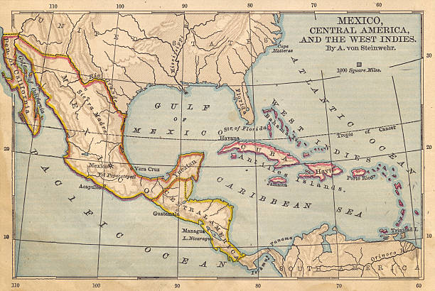 Old Color Map of Mexico and Central America, From 1800's stock photo