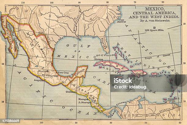 Old Color Map Of Mexico And Central America From 1800s Stock Photo - Download Image Now