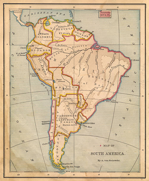 color antiguo mapa de américa del sur, desde el siglo xix - argentina map chile cartography fotografías e imágenes de stock