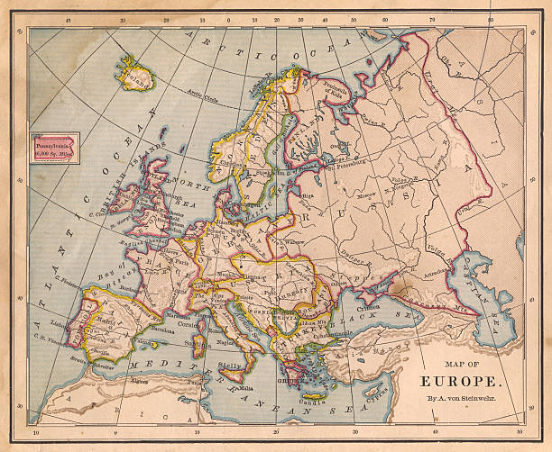 Old Color Map of Europe, From 1800's Color image of an old color map of Europe, from the 1800's. topographic map photos stock pictures, royalty-free photos & images