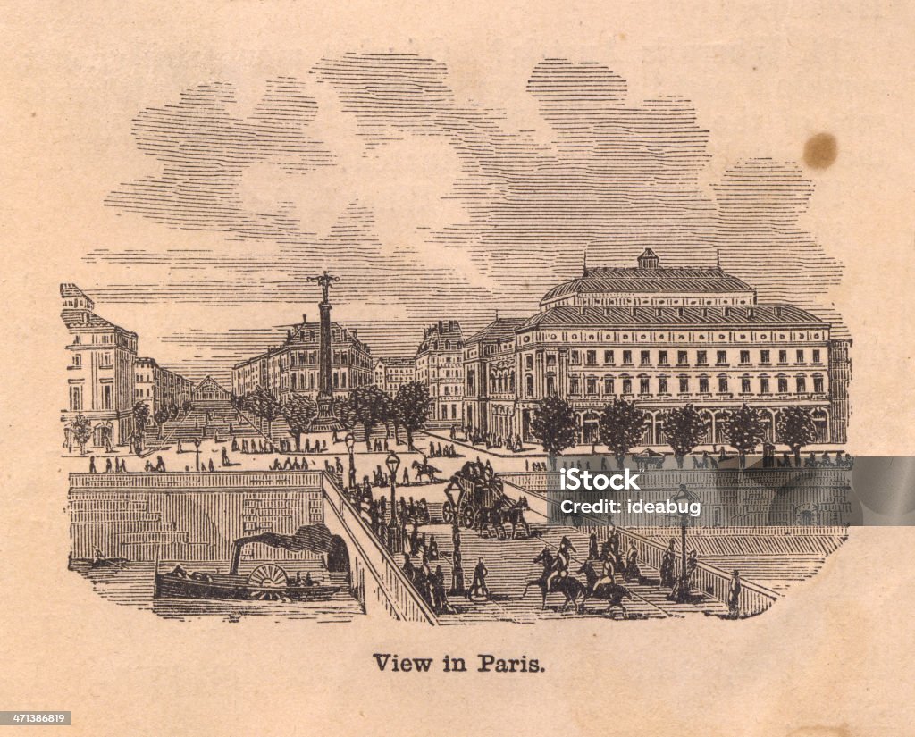 Blanco y negro ilustración de vista de París, de 1.800 s - Ilustración de stock de Calle libre de derechos