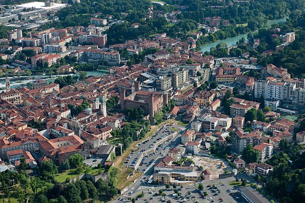 Aerial view of Ivrea, centre of Canavese area, Piedmont stock photo