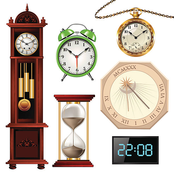 illustrazioni stock, clip art, cartoni animati e icone di tendenza di diversi tipi di clock - white background color image alarm clock deadline