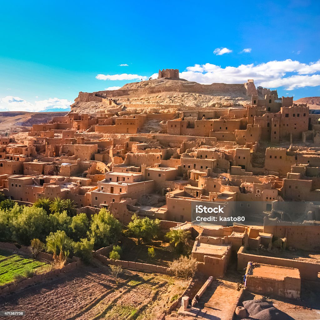 The ancient city of Ait Benhaddou in Morocco Panorama of the ancient moroccan kasbah Ait Benhaddou, near Ouarzazate, Morocco - Unesco world heritage. Morocco Stock Photo