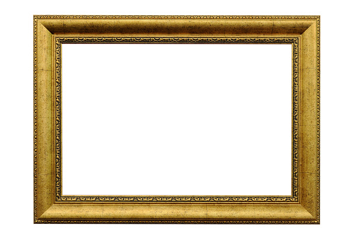 Antique rectangular, gold frame on a white backround