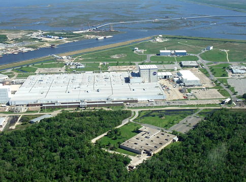 New Orleans, Louisiana, USA - March 25, 2012: aerial view of the Michoud Assembly Facility in New Orleans, an 832-acre site managed by NASA, Lake Borgne in the background
