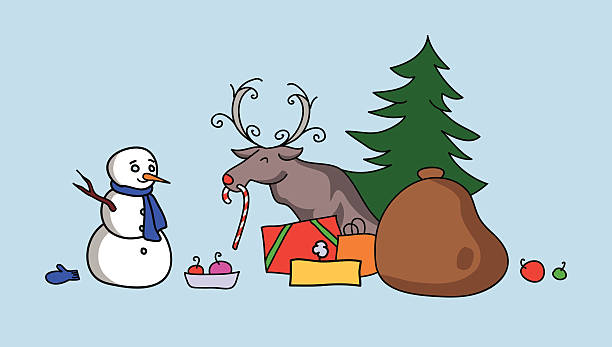 Snowman and Reindeer Meeting for Christmas vector art illustration