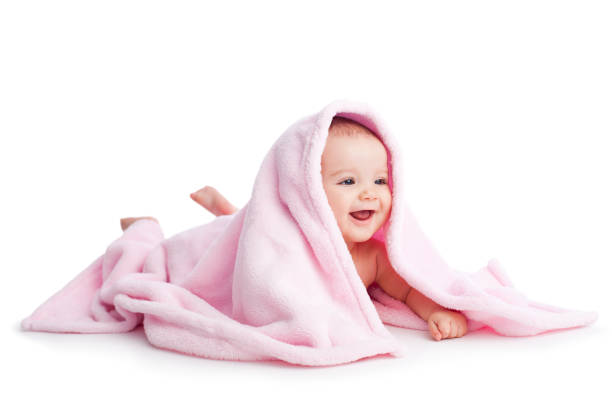 陽気で赤ちゃん白背景 - baby blanket ストックフォトと画像