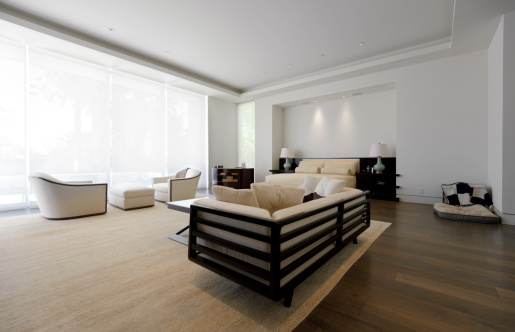 Wide angle image of a fully furnished contemparary style master bedroom.