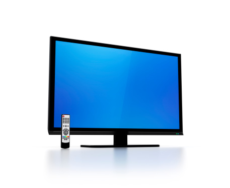 Blue blank HD tv screen with its remote control.. 3D render