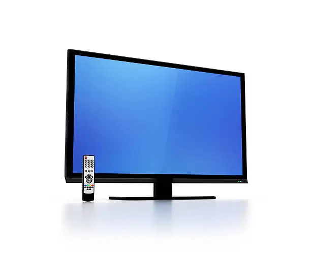 Photo of Blue screen on flat HD tv with remote control